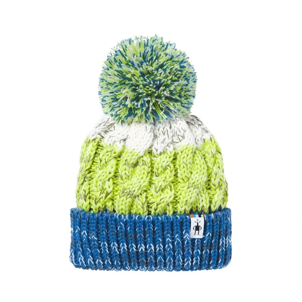 Smartwool Beanie Kids L-XL Lime Green Blue Pom Pom Cable Knit Merino Wool Blend